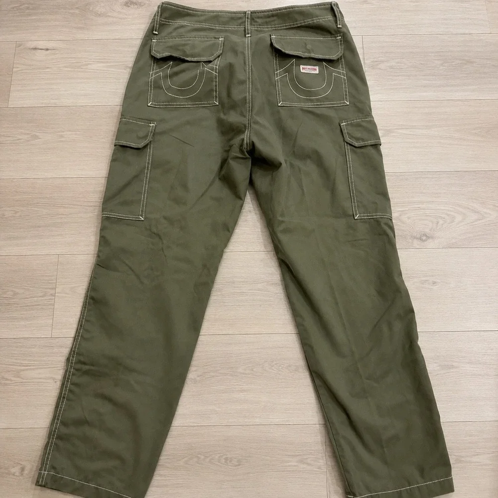 True Religion Mens Olive Green Contrast Stitch Cargo Pants Size 34 Straight Leg